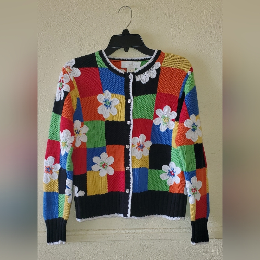Vintage Susan Bristol Medium Hand Knit Patchwork Sweater with Floral Accents